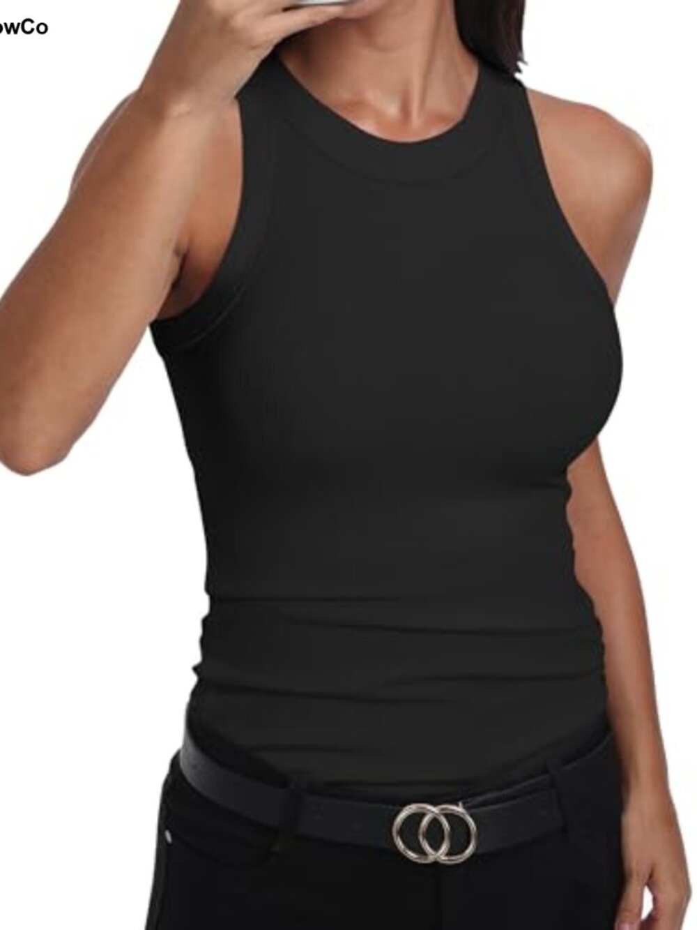 Womens Sleeveless Racerback High Neck Ribbed Fitted Tank Top Casual Cotton Blend